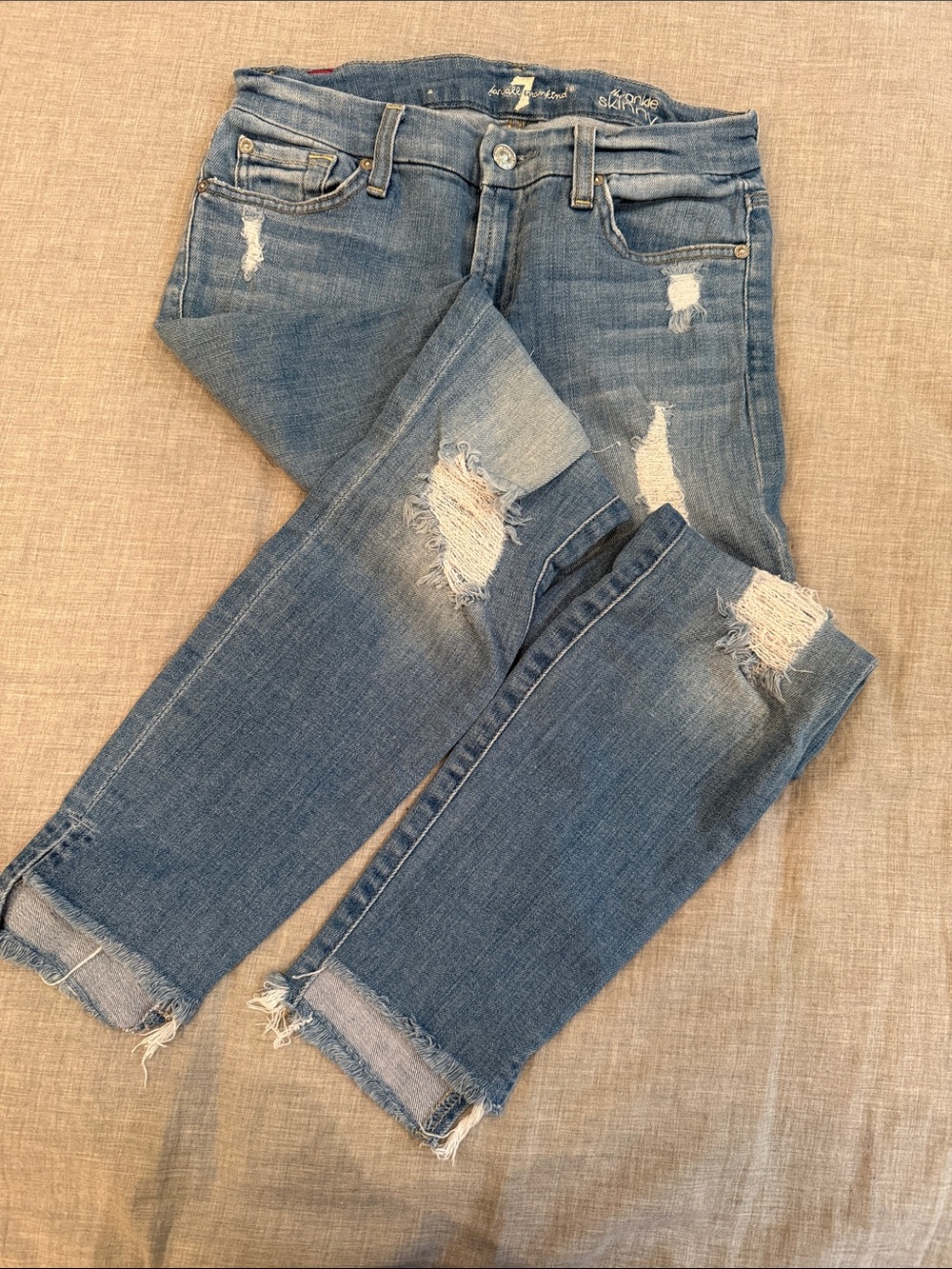 7 For All Mankind Distressed Light Blue Skinny Jeans